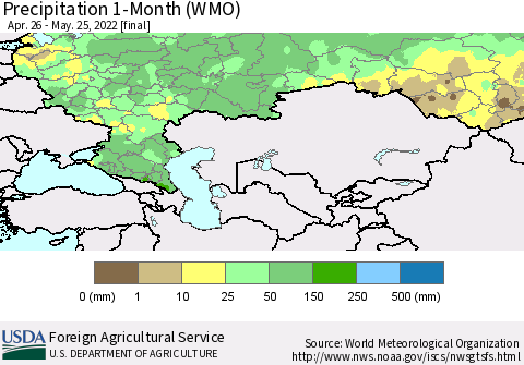 Russian Federation Precipitation 1-Month (WMO) Thematic Map For 4/26/2022 - 5/25/2022