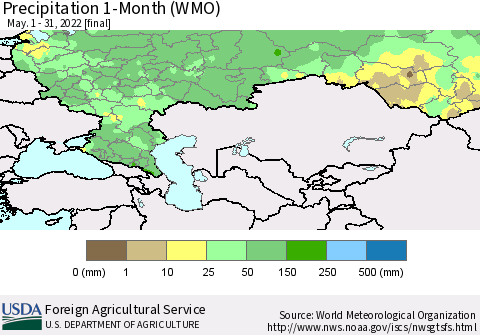 Russian Federation Precipitation 1-Month (WMO) Thematic Map For 5/1/2022 - 5/31/2022