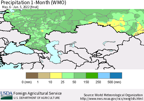 Russian Federation Precipitation 1-Month (WMO) Thematic Map For 5/6/2022 - 6/5/2022