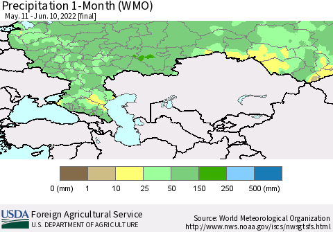 Russian Federation Precipitation 1-Month (WMO) Thematic Map For 5/11/2022 - 6/10/2022