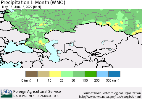 Russian Federation Precipitation 1-Month (WMO) Thematic Map For 5/16/2022 - 6/15/2022