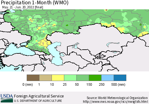 Russian Federation Precipitation 1-Month (WMO) Thematic Map For 5/21/2022 - 6/20/2022