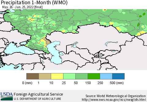 Russian Federation Precipitation 1-Month (WMO) Thematic Map For 5/26/2022 - 6/25/2022