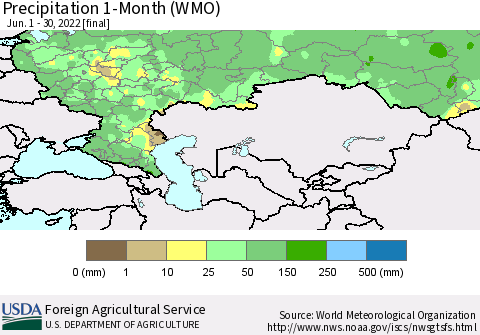 Russian Federation Precipitation 1-Month (WMO) Thematic Map For 6/1/2022 - 6/30/2022