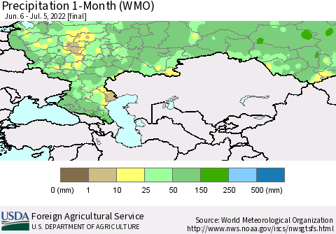 Russian Federation Precipitation 1-Month (WMO) Thematic Map For 6/6/2022 - 7/5/2022