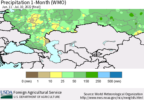 Russian Federation Precipitation 1-Month (WMO) Thematic Map For 6/11/2022 - 7/10/2022
