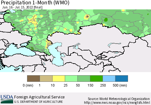 Russian Federation Precipitation 1-Month (WMO) Thematic Map For 6/16/2022 - 7/15/2022