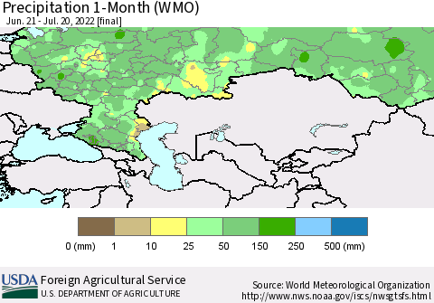 Russian Federation Precipitation 1-Month (WMO) Thematic Map For 6/21/2022 - 7/20/2022