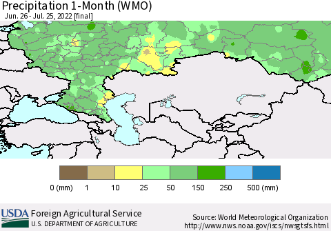Russian Federation Precipitation 1-Month (WMO) Thematic Map For 6/26/2022 - 7/25/2022