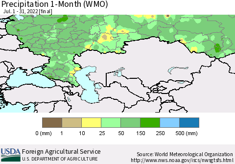 Russian Federation Precipitation 1-Month (WMO) Thematic Map For 7/1/2022 - 7/31/2022