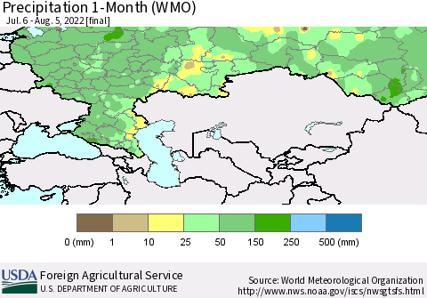 Russian Federation Precipitation 1-Month (WMO) Thematic Map For 7/6/2022 - 8/5/2022