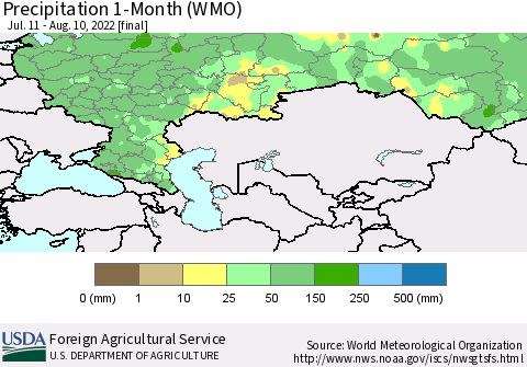 Russian Federation Precipitation 1-Month (WMO) Thematic Map For 7/11/2022 - 8/10/2022