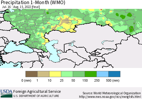 Russian Federation Precipitation 1-Month (WMO) Thematic Map For 7/16/2022 - 8/15/2022