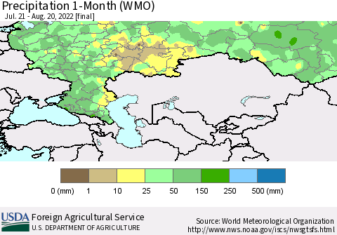 Russian Federation Precipitation 1-Month (WMO) Thematic Map For 7/21/2022 - 8/20/2022