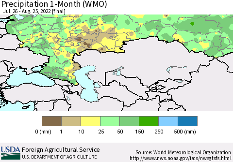 Russian Federation Precipitation 1-Month (WMO) Thematic Map For 7/26/2022 - 8/25/2022