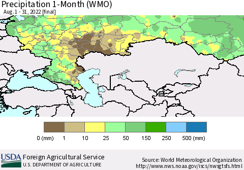 Russian Federation Precipitation 1-Month (WMO) Thematic Map For 8/1/2022 - 8/31/2022
