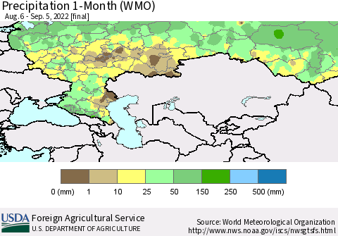Russian Federation Precipitation 1-Month (WMO) Thematic Map For 8/6/2022 - 9/5/2022