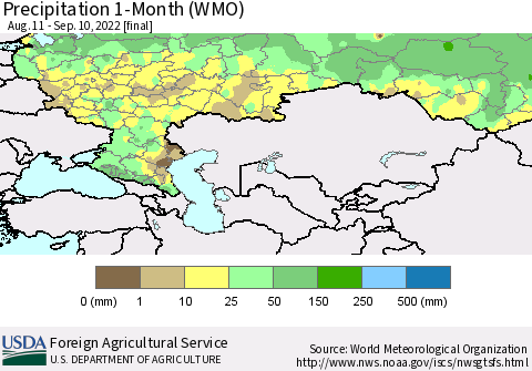 Russian Federation Precipitation 1-Month (WMO) Thematic Map For 8/11/2022 - 9/10/2022