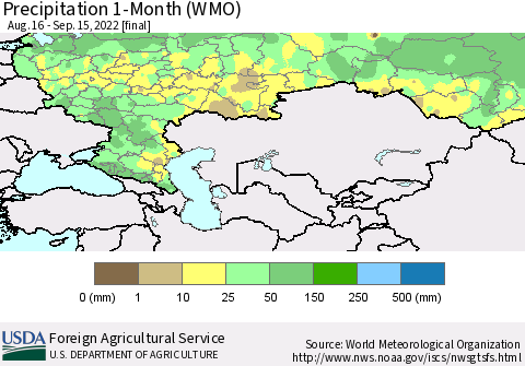 Russian Federation Precipitation 1-Month (WMO) Thematic Map For 8/16/2022 - 9/15/2022