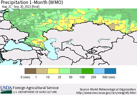 Russian Federation Precipitation 1-Month (WMO) Thematic Map For 8/21/2022 - 9/20/2022
