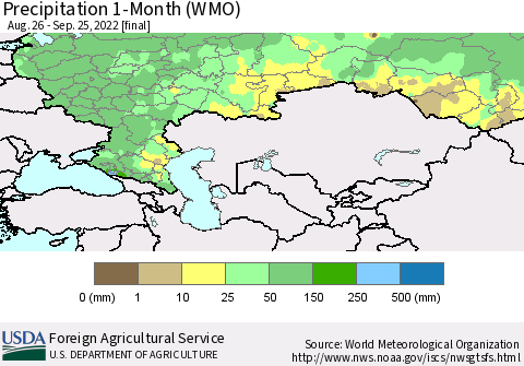 Russian Federation Precipitation 1-Month (WMO) Thematic Map For 8/26/2022 - 9/25/2022
