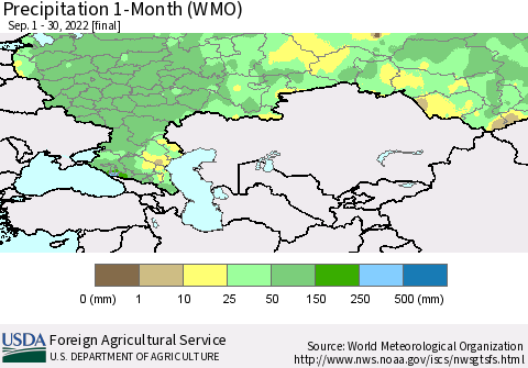 Russian Federation Precipitation 1-Month (WMO) Thematic Map For 9/1/2022 - 9/30/2022