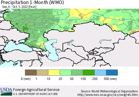 Russian Federation Precipitation 1-Month (WMO) Thematic Map For 9/6/2022 - 10/5/2022
