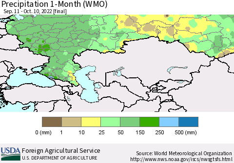 Russian Federation Precipitation 1-Month (WMO) Thematic Map For 9/11/2022 - 10/10/2022