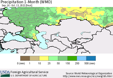 Russian Federation Precipitation 1-Month (WMO) Thematic Map For 9/16/2022 - 10/15/2022
