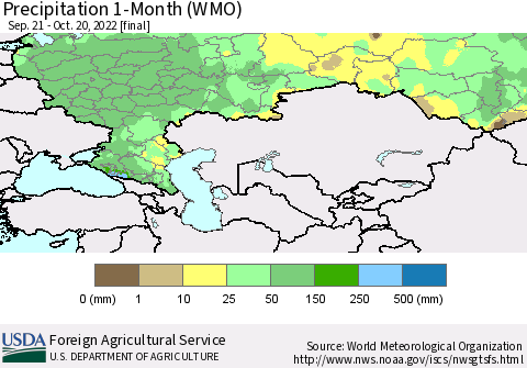 Russian Federation Precipitation 1-Month (WMO) Thematic Map For 9/21/2022 - 10/20/2022