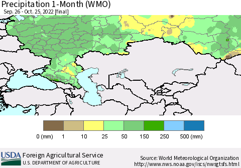 Russian Federation Precipitation 1-Month (WMO) Thematic Map For 9/26/2022 - 10/25/2022
