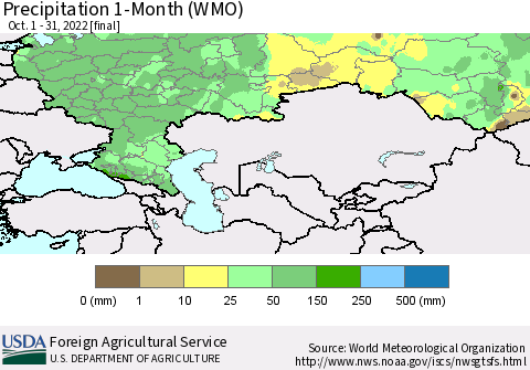 Russian Federation Precipitation 1-Month (WMO) Thematic Map For 10/1/2022 - 10/31/2022