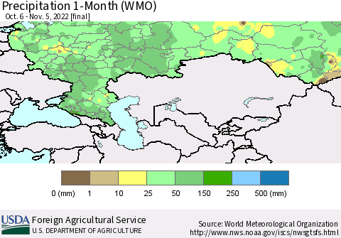 Russian Federation Precipitation 1-Month (WMO) Thematic Map For 10/6/2022 - 11/5/2022