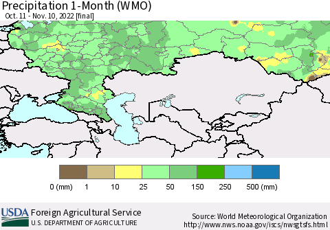 Russian Federation Precipitation 1-Month (WMO) Thematic Map For 10/11/2022 - 11/10/2022