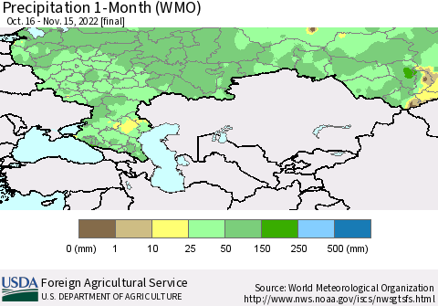 Russian Federation Precipitation 1-Month (WMO) Thematic Map For 10/16/2022 - 11/15/2022
