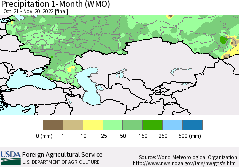 Russian Federation Precipitation 1-Month (WMO) Thematic Map For 10/21/2022 - 11/20/2022