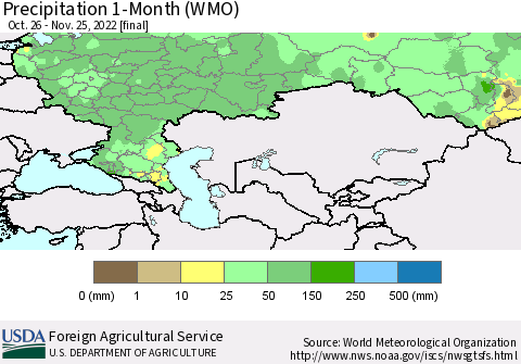 Russian Federation Precipitation 1-Month (WMO) Thematic Map For 10/26/2022 - 11/25/2022