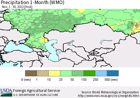 Russian Federation Precipitation 1-Month (WMO) Thematic Map For 11/1/2022 - 11/30/2022