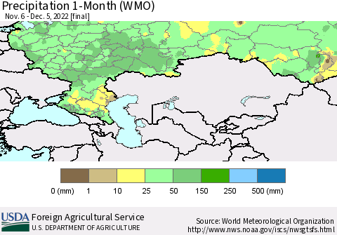 Russian Federation Precipitation 1-Month (WMO) Thematic Map For 11/6/2022 - 12/5/2022