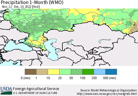 Russian Federation Precipitation 1-Month (WMO) Thematic Map For 11/11/2022 - 12/10/2022