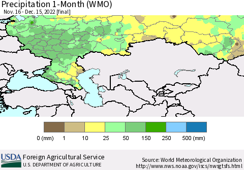 Russian Federation Precipitation 1-Month (WMO) Thematic Map For 11/16/2022 - 12/15/2022