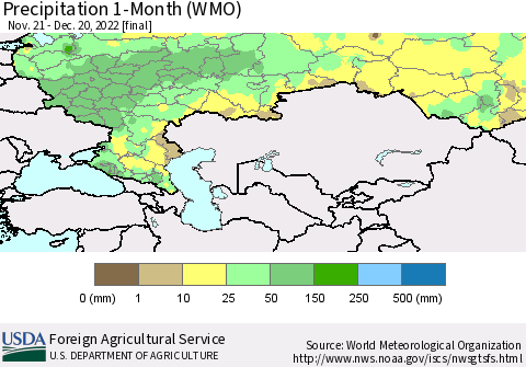 Russian Federation Precipitation 1-Month (WMO) Thematic Map For 11/21/2022 - 12/20/2022
