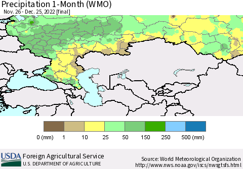 Russian Federation Precipitation 1-Month (WMO) Thematic Map For 11/26/2022 - 12/25/2022