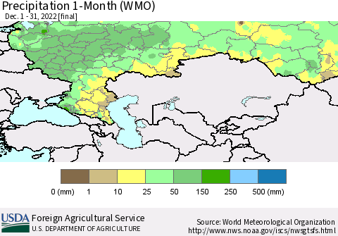 Russian Federation Precipitation 1-Month (WMO) Thematic Map For 12/1/2022 - 12/31/2022