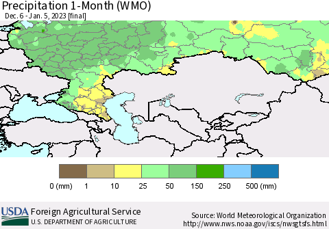 Russian Federation Precipitation 1-Month (WMO) Thematic Map For 12/6/2022 - 1/5/2023