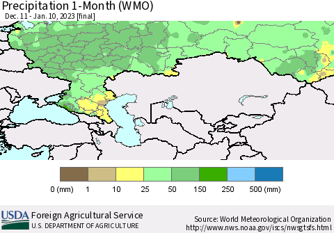 Russian Federation Precipitation 1-Month (WMO) Thematic Map For 12/11/2022 - 1/10/2023