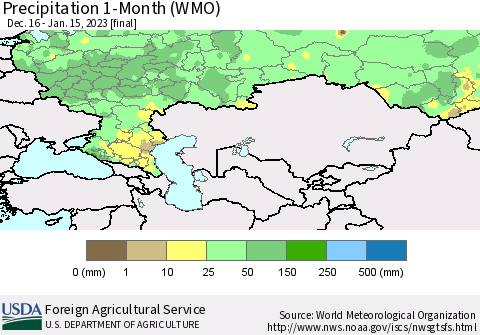 Russian Federation Precipitation 1-Month (WMO) Thematic Map For 12/16/2022 - 1/15/2023