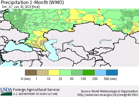 Russian Federation Precipitation 1-Month (WMO) Thematic Map For 12/21/2022 - 1/20/2023