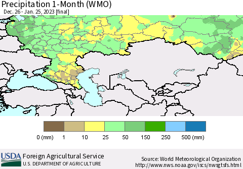 Russian Federation Precipitation 1-Month (WMO) Thematic Map For 12/26/2022 - 1/25/2023