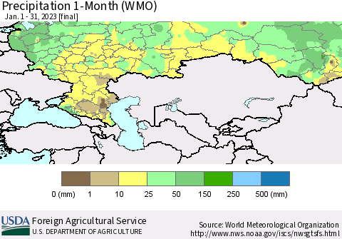 Russian Federation Precipitation 1-Month (WMO) Thematic Map For 1/1/2023 - 1/31/2023